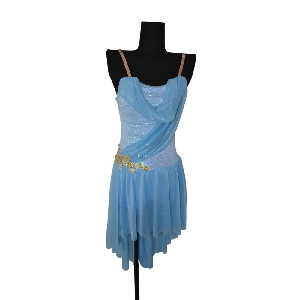 Weissman Light Blue Sequined Draped Midi Dress with Gold Accents